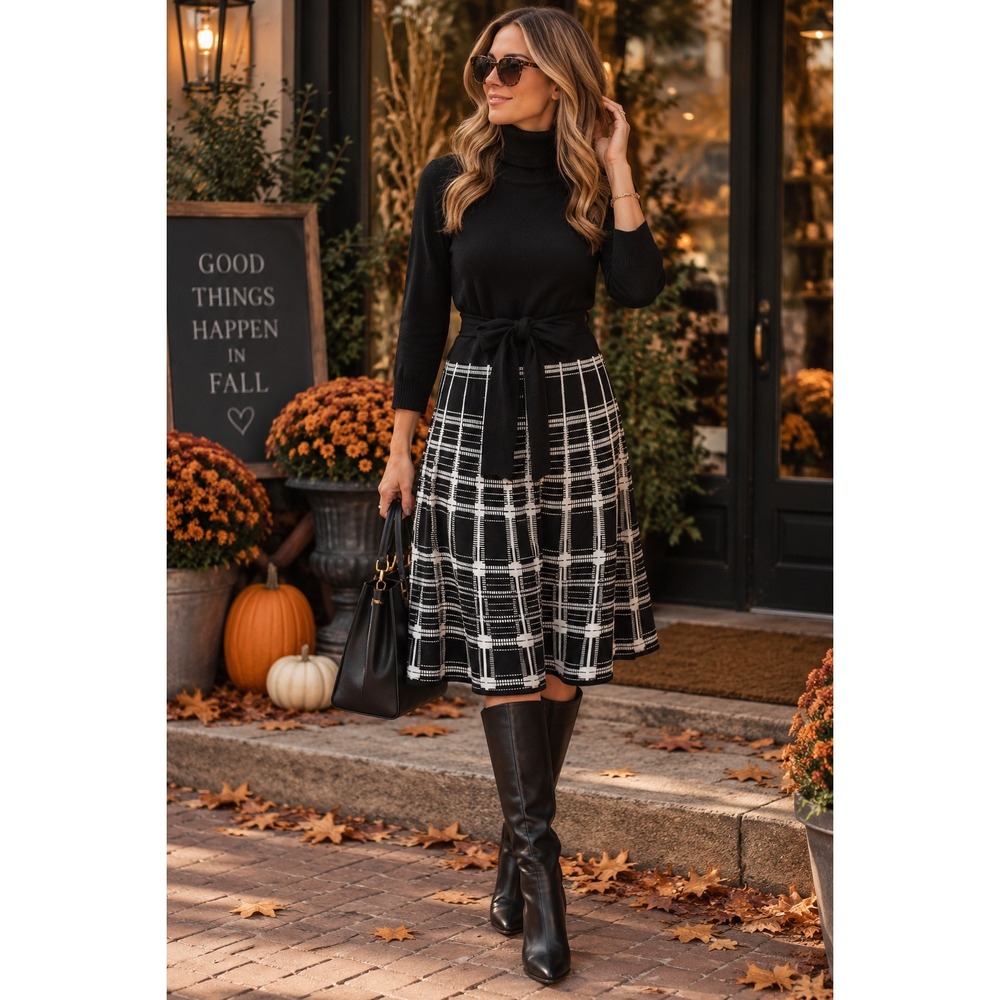Preppy Dark Academia Black White Plaid Knit Dress J Howard L Turtleneck Tie